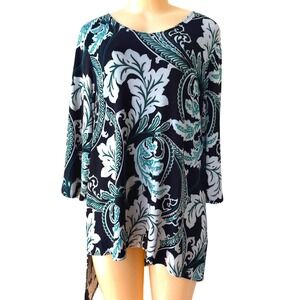 Chicos Travelers Tunic Top Sz 3 L Black Teal Paisley Asymmetrical Travel